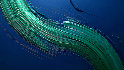 Dynamic brushstroke painting in green over dark blue canvas, modern abstract design. Hand drawn