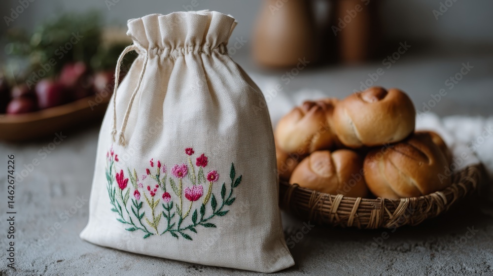 Poster close-up view of a linen sack overflowing with soft cinnamon rolls, featuring floral embroidery, set
