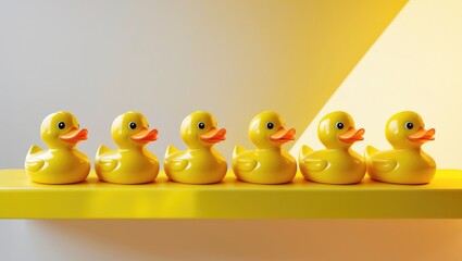 Rubber duck toy lineup concept highlighting teamwork, cooperation, and community with yellow rubber ducks on a yellow background
