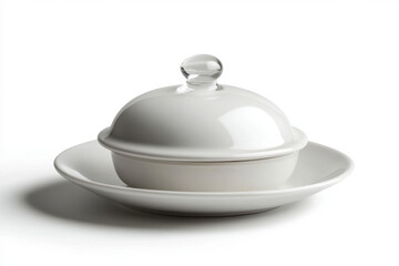 Obraz premium White plate, lid, and saucer on a table, breakfast setting with elegance and simplicity in minimalistic design.