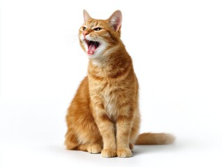 Ginger cat yawning isolated on white background