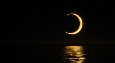 Crescent Moon Over Calm Water - A serene of a crescent moon reflected on a calm body of water at night, under a starry sky