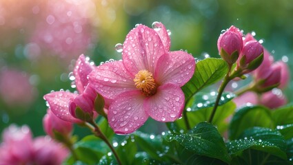 Obraz premium Elegant pink flowers with dew drops enhancing the beauty of a floral background