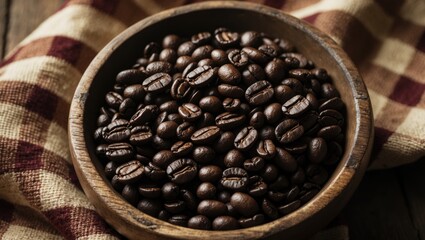 Fototapeta premium Roasted coffee beans in a wooden bowl atop vintage checkered fabric, emphasizing natural, warm, and handcrafted coffee tradition