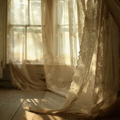 Sunlight through delicate lace curtains in a cozy room