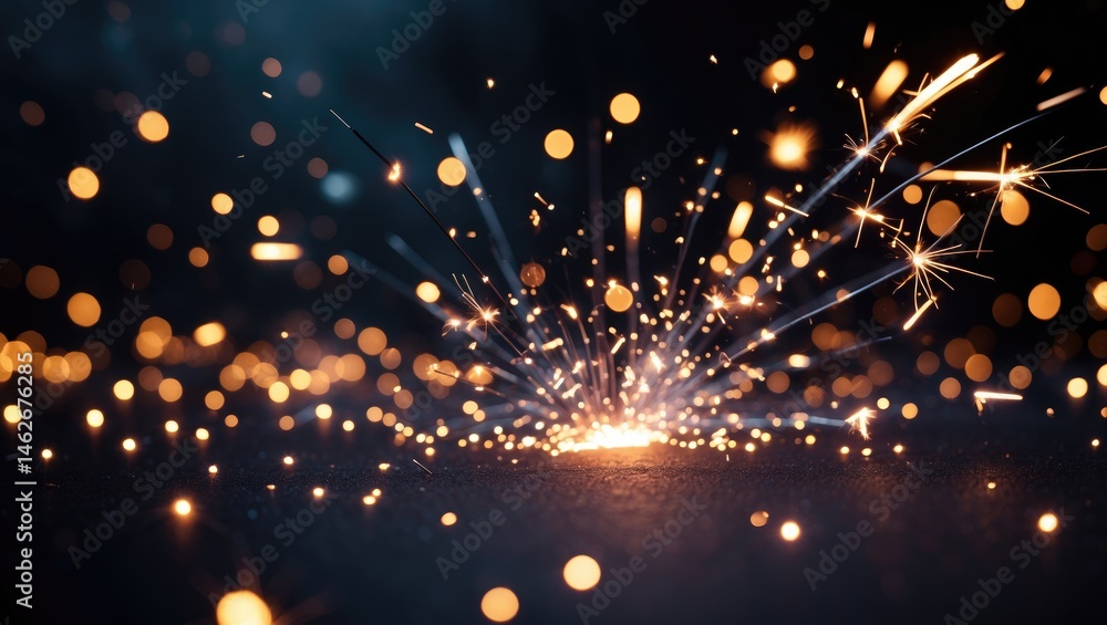 Poster firework sparks and flames with black background and abstract texture