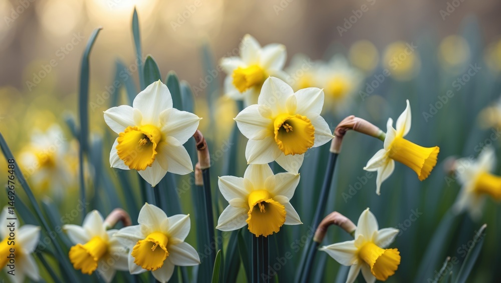 Poster macro shot of vivid daffodils blooming with a softened background