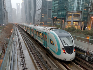 Naklejka premium Modern maglev train speeding through an urban landscape in Shanghai