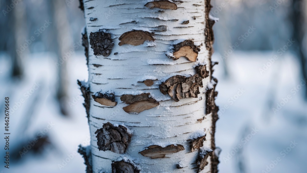 Aufkleber snow-covered birch tree with peeling bark showing texture and pattern in winter