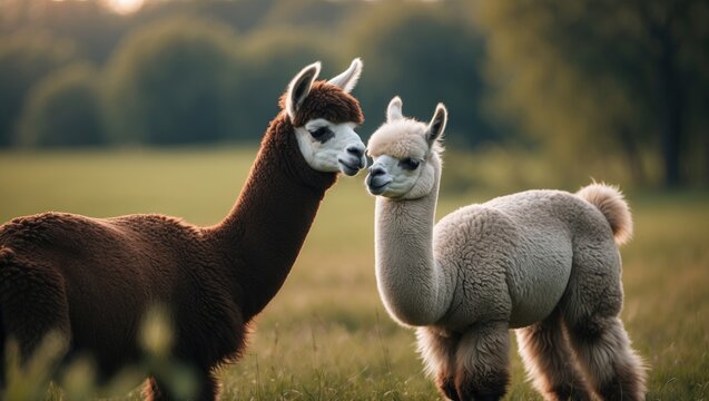 Cute cria and mother alpaca soaking up the summer sun at the farm
