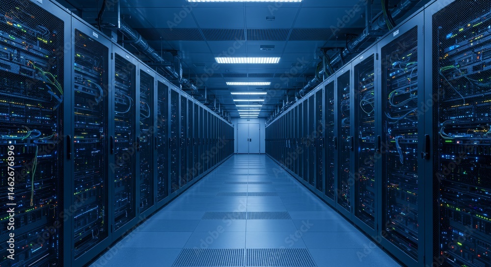 Poster data center server room network infrastructure - high-tech server room, network security, data stora