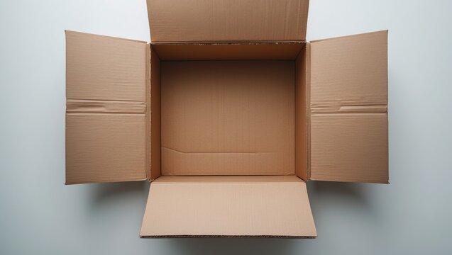 Open brown cardboard box with top flap lifted, seen from above, designed for packaging hardware or gifts