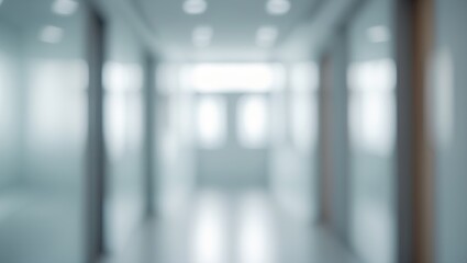 Bright, blurry hallway in a contemporary office building with glass elements
