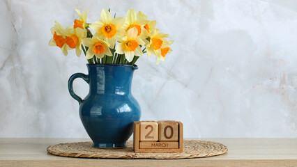 Daffodils in blue vase celebrating march 20th, the first day of spring