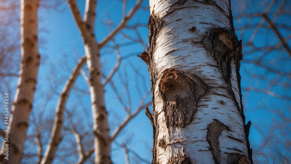 Poster detailed view of a tall birch tree's trunk showing textured bark and surrounding bare branches in br