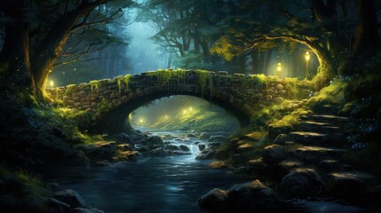 Enchanting forest bridge at dusk