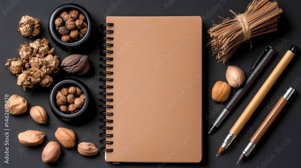 Poster notebook with a pen and a bunch of nuts on top of it. the nuts are scattered around the notebook and