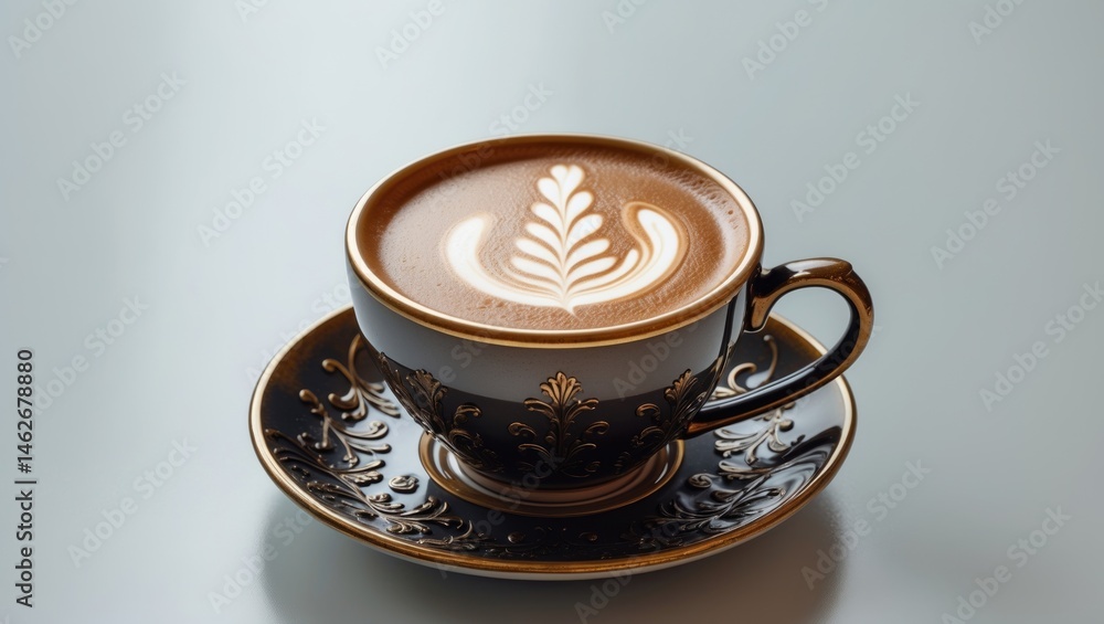 Poster Isolated side view of a hot latte coffee with intricate latte art in a vintage mug and saucer on a white background with clipping path