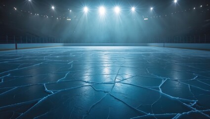 Frozen lake with icy cracks and blue surface in winter scenery