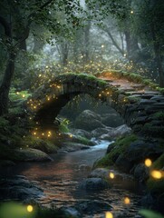 Magical bridge over stream, fairy lights, forest setting