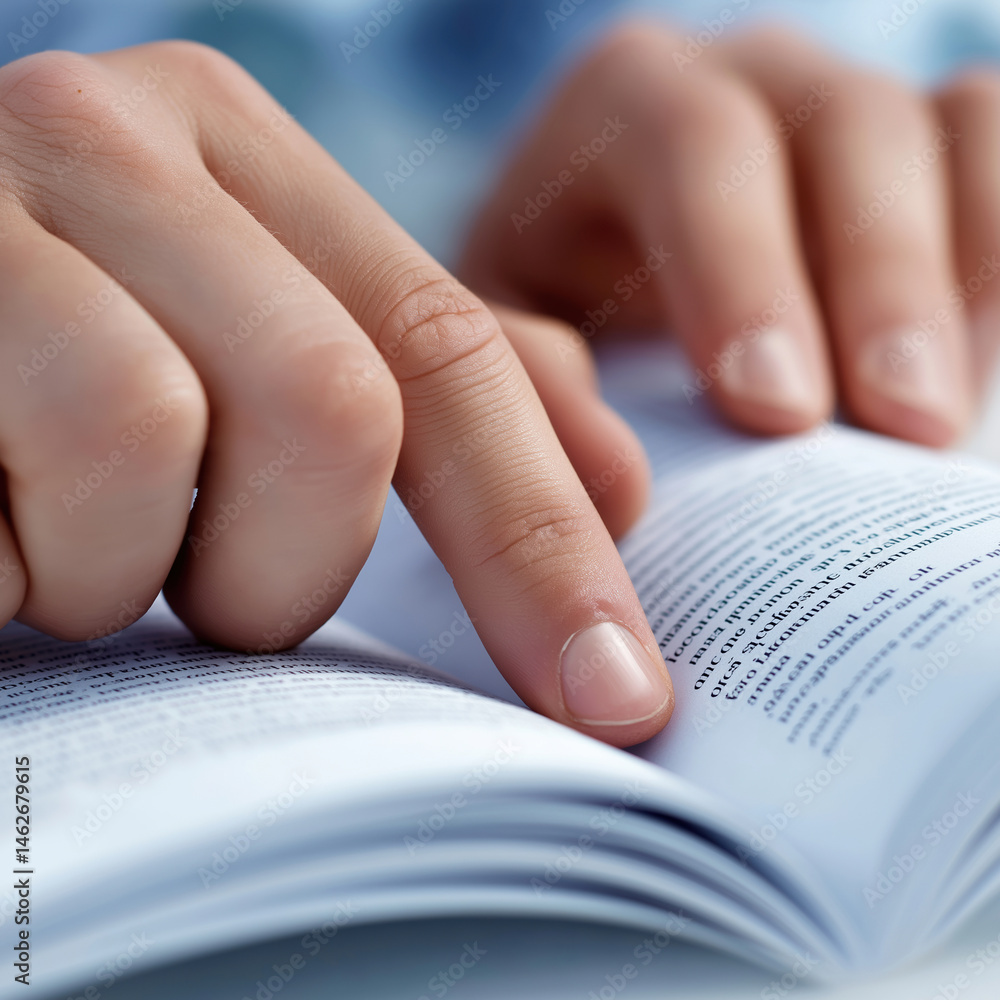 Poster fingers tracing text in a book while reading in a bright, quiet space