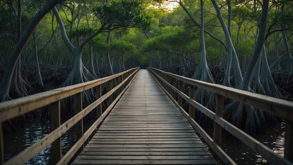 Nature-inspired design featuring a wooden bridge in a lush forest landscape