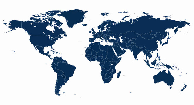 Flat dark blue world map on transparent white background