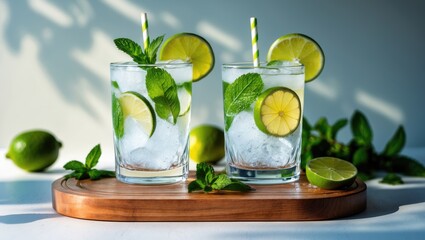 Fototapeta premium Summer scene featuring two mojito glasses with citrus, mint, and ice on a wooden surface