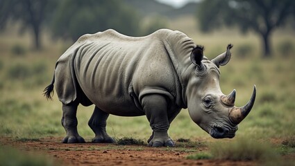 Obraz premium Infant southern white rhinoceros among grass and wildlife