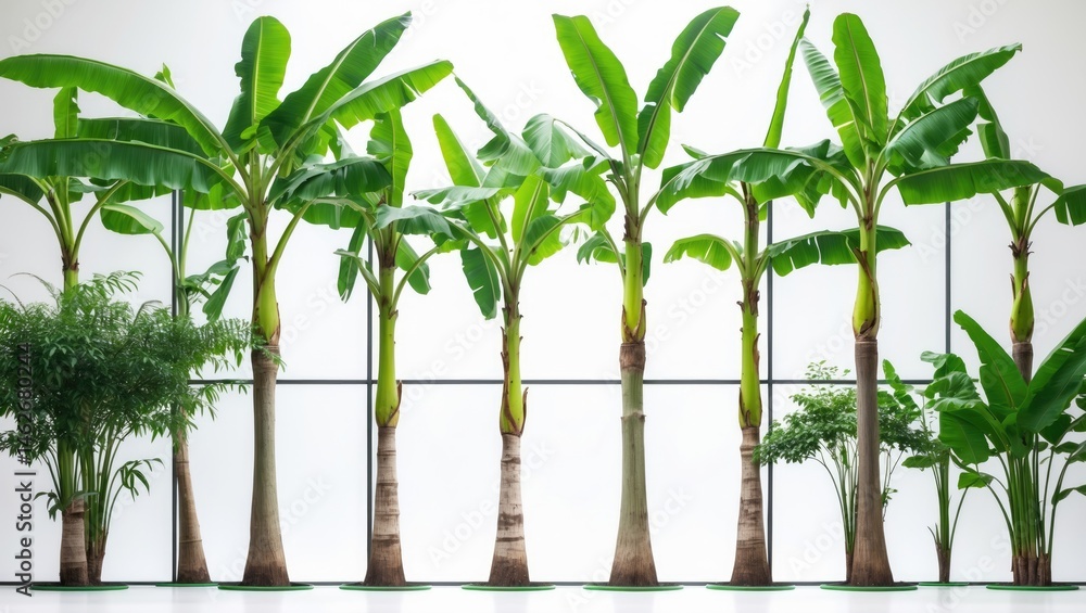 Poster collection of banana trees with isolated plants on white background for landscape design