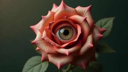 A surreal image of a peach colored rose with a human eye in the center of the flower petals