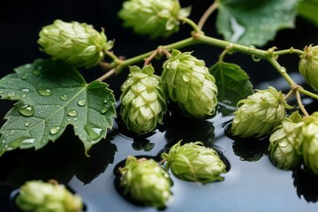 green fresh hop cones in water for making beer concept bread closeup dark toned agricultural background