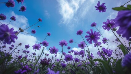 Looking upward at the vibrant blue sky over a lush flower meadow