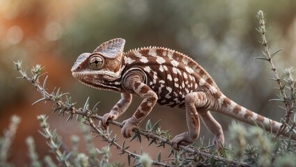Camouflaged chameleon in Mediterranean thyme shrub, basking on garigue terrain