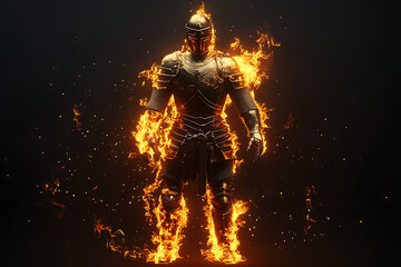 Fiery armored warrior standing boldly against a dark background, surrounded by flames