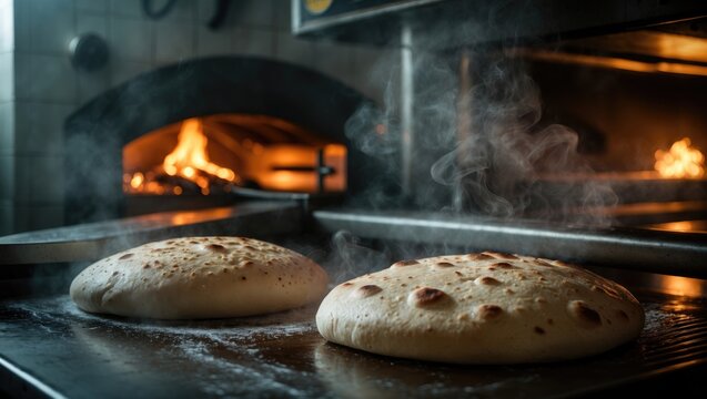Traditional Lebanese pita bread being prepared in bakery factory