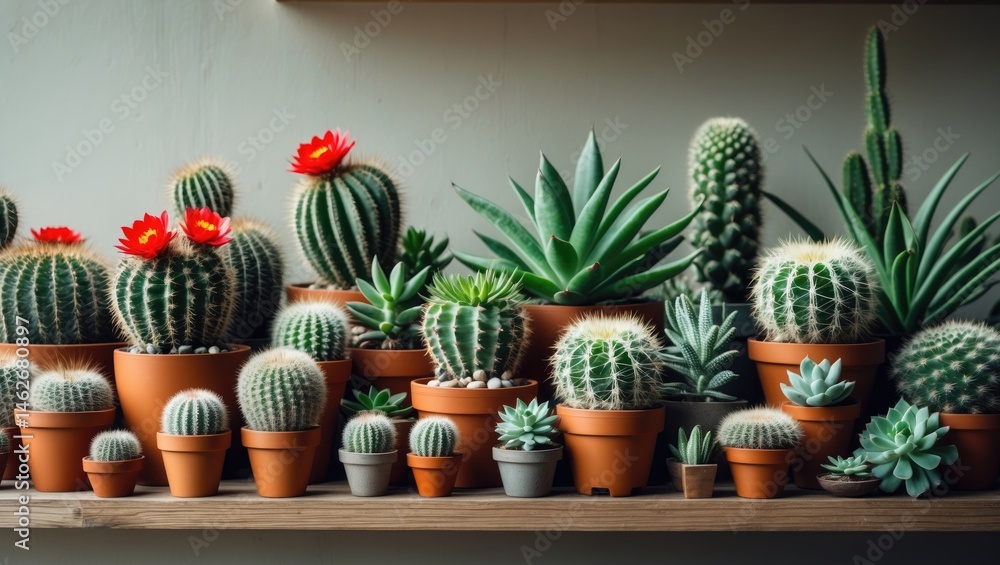 Poster a collection of succulent plants displayed on a wooden shelf with a simple backdrop