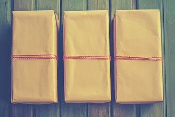 Three wrapped packages on a teal wooden surface.  Beige wrapping paper, tied with pink string.  Simple presentation