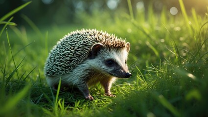 Young hedgehog among nature in a wildlife setting on green grass