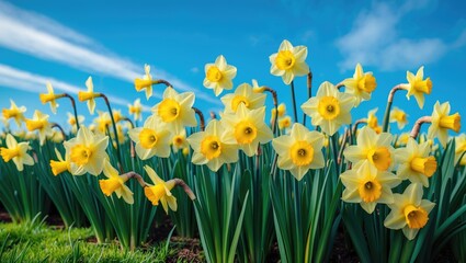 Fototapeta premium Springtime yellow daffodil field with a blue sky as the background banner
