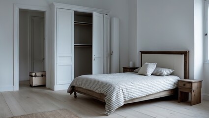 Modern bedroom setup with a double bed lacking a headboard, an antique wooden bedside table, and a white integrated wardrobe with a coordinating trunk