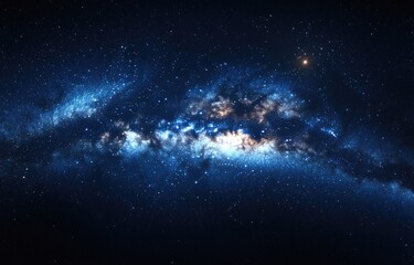 Vast expanse of space, swirling nebulae in deep blue.  Cosmic clouds of light, stars scattered across infinite darkness