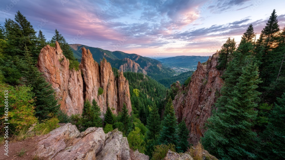 Poster rose-colored spires dominate the horizon, surrounded by lush green trees and bathed in soft dawn lig