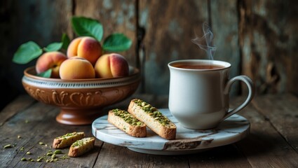 Fototapeta premium Food and drink concept showcasing a rustic breakfast with snack setâ€”white mug, cup, and plate with chai tea black, pistachio biscotti, and apricots in a weathered wood setting.