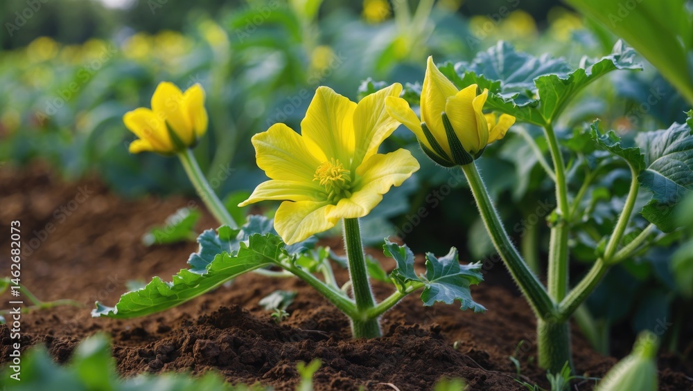 Poster close-up of blooming zucchini and squash in a garden setting