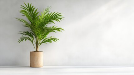 A lush green potted plant sitting on a white surface against a minimalist light gray wall, and creating a serene and modern indoor environment.