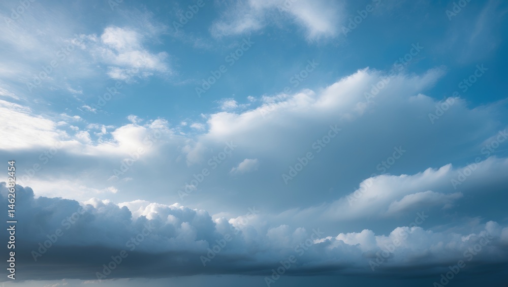 Poster Image background of a vivid blue sky and clouds with a gentle texture, emphasizing the ozone layer's safeguard for the environment and living beings