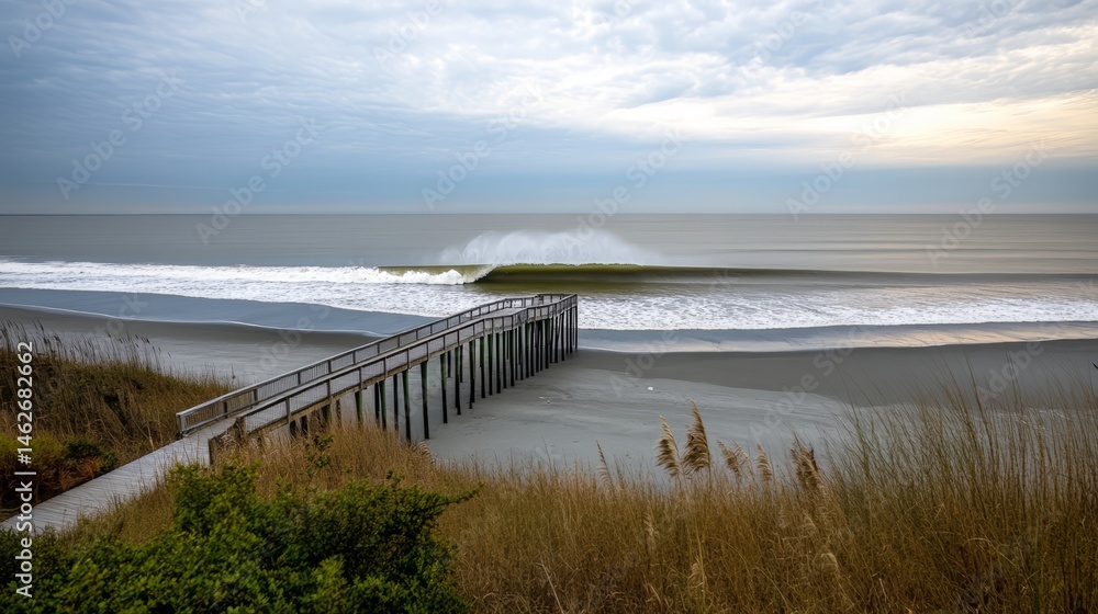 Poster pier is seen in front of the ocean, with a wave crashing in the background. the sky is cloudy, givin