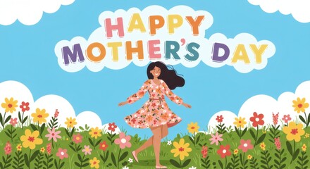 Woman Dancing in Flower Field Under Happy Mother's Day Message