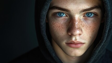Young caucasian male teen with freckled face and blue eyes in black hoodie